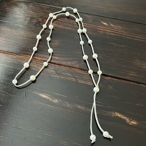 Gray soft leather and pearl necklace, hangs 27” long